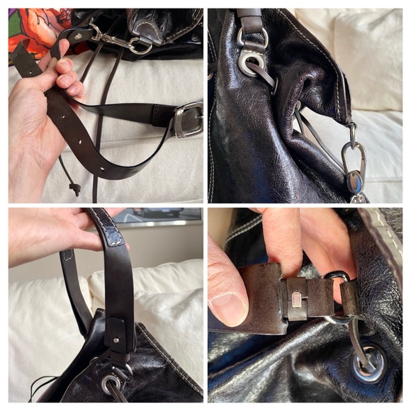 Wrinkled shiny Leather contrast stitch slouchy oversized bucket bag - Picture 6 of 12